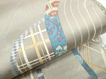 平和屋着物●六通柄袋帯 唐織 幾何学花文 銀糸 正絹 逸品 CABA4832hy