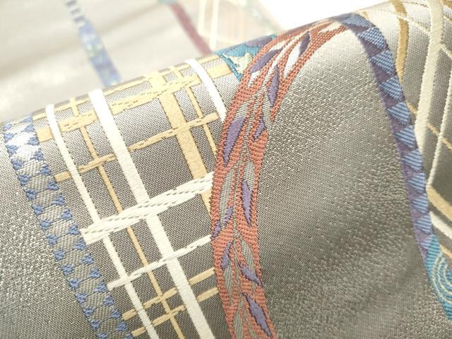 平和屋着物●六通柄袋帯 唐織 幾何学花文 銀糸 正絹 逸品 CABA4832hy