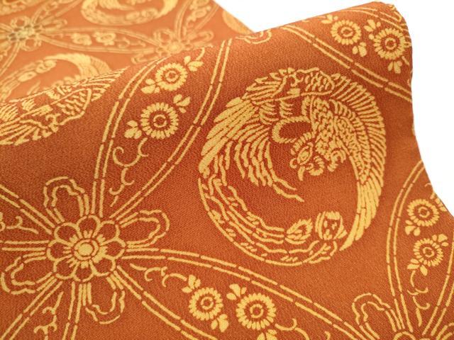 平和屋着物●九寸開き名古屋帯　型染め　鳳凰七宝花文　鬼しぼ縮緬　正絹　逸品　CABA4854hy