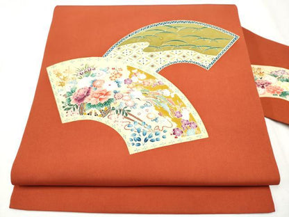 平和屋着物●塩瀬　九寸名古屋帯　友禅　作家物　地紙花車文　正絹　逸品　CABA4860hy