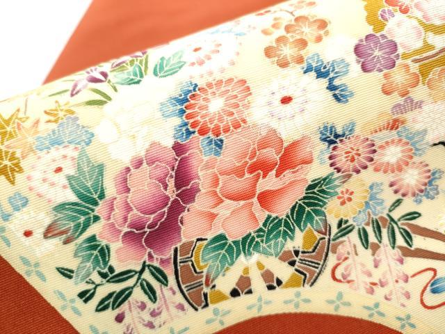 平和屋着物●塩瀬　九寸名古屋帯　友禅　作家物　地紙花車文　正絹　逸品　CABA4860hy