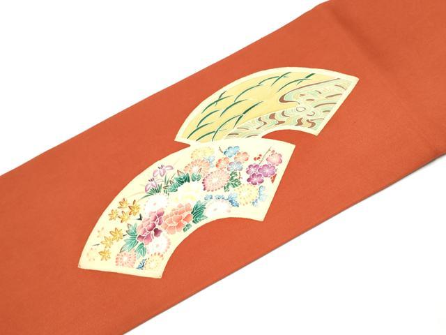平和屋着物●塩瀬　九寸名古屋帯　友禅　作家物　地紙花車文　正絹　逸品　CABA4860hy