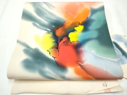 平和屋着物●塩瀬 九寸名古屋帯 作家物 手描き 抽象文 正絹 逸品 CABA4870hy