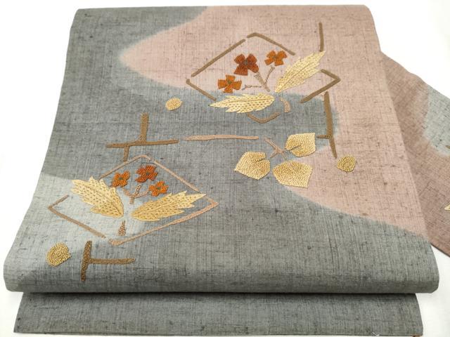 平和屋着物●中国三大刺繍 相良刺繍 総刺繍 九寸名古屋帯 紬地 菱草花文 正絹 逸品 CABA4877hy