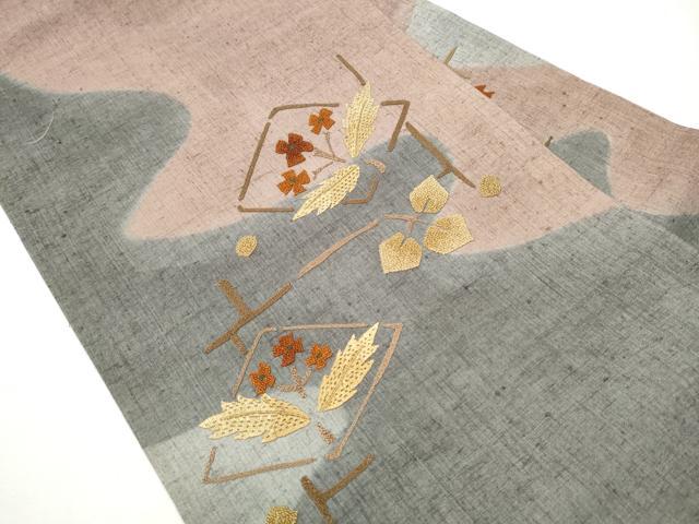 平和屋着物●中国三大刺繍 相良刺繍 総刺繍 九寸名古屋帯 紬地 菱草花文 正絹 逸品 CABA4877hy