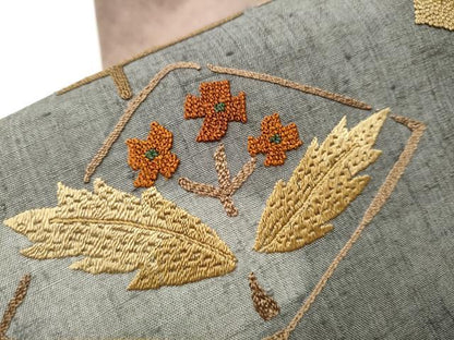 平和屋着物●中国三大刺繍 相良刺繍 総刺繍 九寸名古屋帯 紬地 菱草花文 正絹 逸品 CABA4877hy