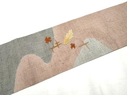 平和屋着物●中国三大刺繍 相良刺繍 総刺繍 九寸名古屋帯 紬地 菱草花文 正絹 逸品 CABA4877hy