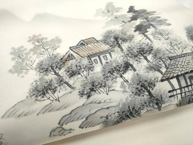 平和屋着物●内山晴祥 塩瀬 九寸開き名古屋帯 手描き 遠山風景草木文 正絹 逸品 CABA4878hy