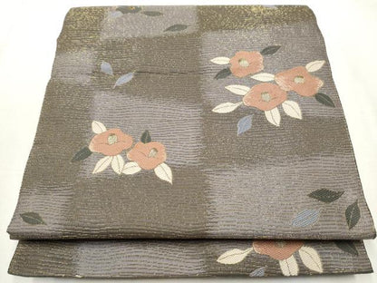 平和屋着物●本場筑前博多織　八寸名古屋帯　椿　金糸　正絹　逸品　CABA4895hy