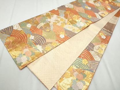 平和屋着物●六通柄袋帯　佐賀唐織　青海波扇散文　金糸　正絹　逸品　CABA4941hy