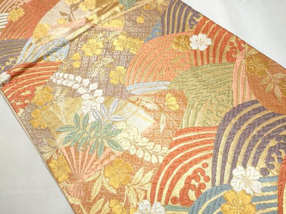平和屋着物●六通柄袋帯　佐賀唐織　青海波扇散文　金糸　正絹　逸品　CABA4941hy
