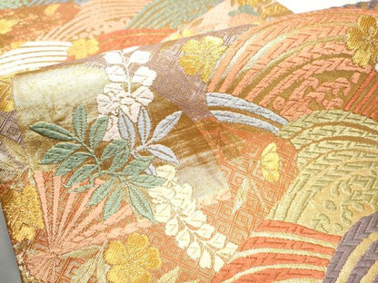 平和屋着物●六通柄袋帯　佐賀唐織　青海波扇散文　金糸　正絹　逸品　CABA4941hy