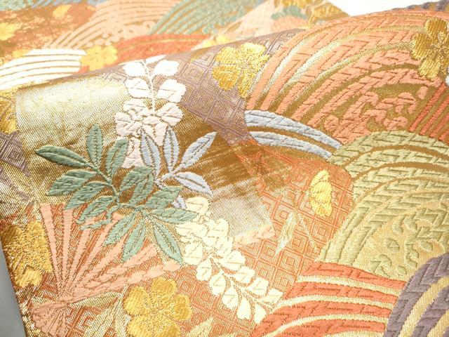 平和屋着物●六通柄袋帯　佐賀唐織　青海波扇散文　金糸　正絹　逸品　CABA4941hy