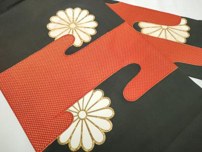 平和屋着物●塩瀬　九寸名古屋帯　駒刺繍　エ霞菊文　黒地　金彩　正絹　逸品　CABA4953hy