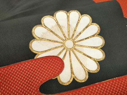 平和屋着物●塩瀬　九寸名古屋帯　駒刺繍　エ霞菊文　黒地　金彩　正絹　逸品　CABA4953hy
