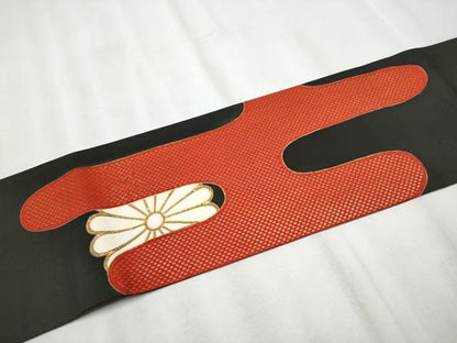 平和屋着物●塩瀬　九寸名古屋帯　駒刺繍　エ霞菊文　黒地　金彩　正絹　逸品　CABA4953hy