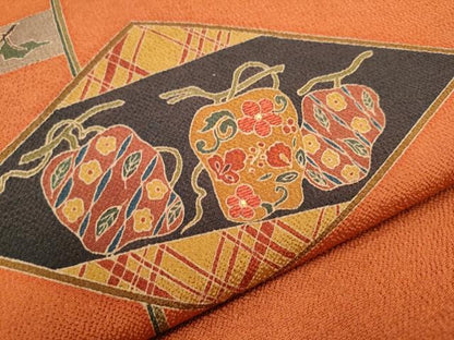 平和屋着物●九寸名古屋帯　刺繍　型染め　成物　鬼しぼ縮緬　正絹　逸品　CABA4963hy