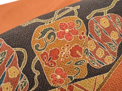 平和屋着物●九寸名古屋帯　刺繍　型染め　成物　鬼しぼ縮緬　正絹　逸品　CABA4963hy