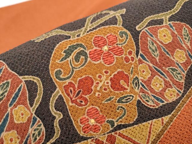 平和屋着物●九寸名古屋帯　刺繍　型染め　成物　鬼しぼ縮緬　正絹　逸品　CABA4963hy