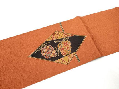 平和屋着物●九寸名古屋帯　刺繍　型染め　成物　鬼しぼ縮緬　正絹　逸品　CABA4963hy