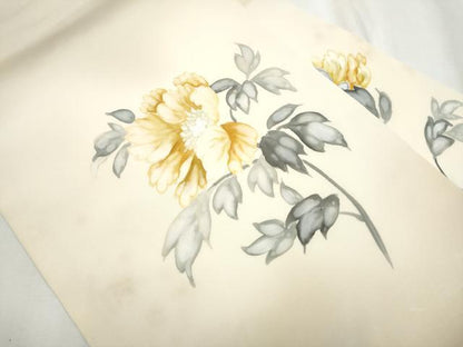 平和屋着物●塩瀬 九寸名古屋帯 手描き 枝花文 正絹 逸品 CABA4964hy