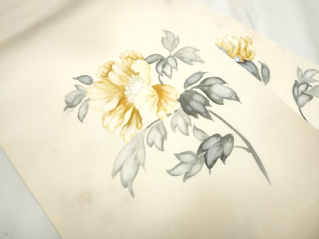 平和屋着物●塩瀬 九寸名古屋帯 手描き 枝花文 正絹 逸品 CABA4964hy