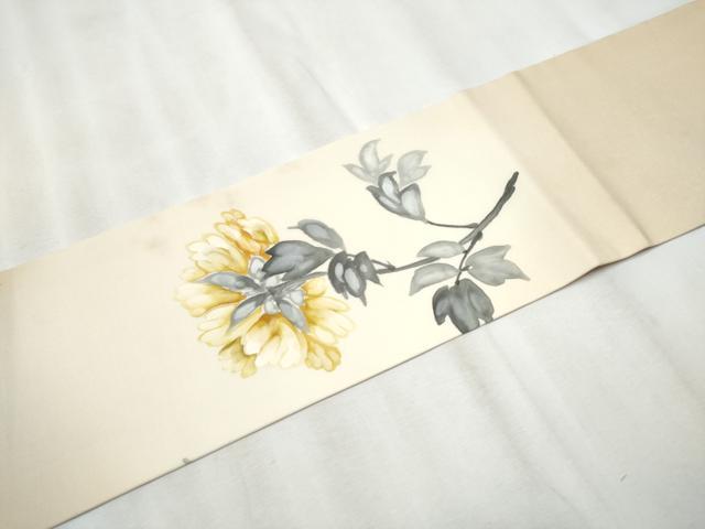 平和屋着物●塩瀬 九寸名古屋帯 手描き 枝花文 正絹 逸品 CABA4964hy
