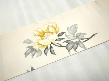 平和屋着物●塩瀬 九寸名古屋帯 手描き 枝花文 正絹 逸品 CABA4964hy