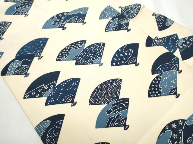 平和屋着物●塩瀬　全通柄　九寸名古屋帯　型染め　扇面吉祥文　正絹　逸品　CABA4965hy
