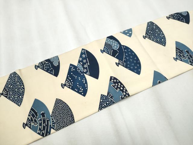 平和屋着物●塩瀬　全通柄　九寸名古屋帯　型染め　扇面吉祥文　正絹　逸品　CABA4965hy