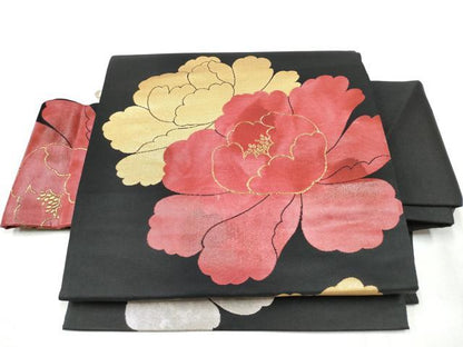 平和屋着物●つけ帯　牡丹　黒地　金銀糸　正絹　逸品　CABA4997hy