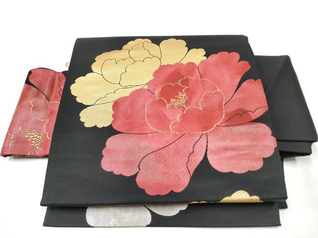 平和屋着物●つけ帯　牡丹　黒地　金銀糸　正絹　逸品　CABA4997hy