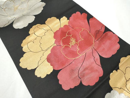 平和屋着物●つけ帯　牡丹　黒地　金銀糸　正絹　逸品　CABA4997hy