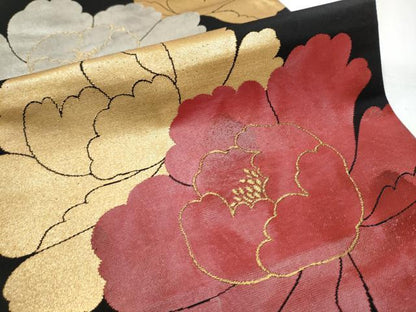 平和屋着物●つけ帯　牡丹　黒地　金銀糸　正絹　逸品　CABA4997hy