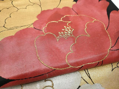 平和屋着物●つけ帯　牡丹　黒地　金銀糸　正絹　逸品　CABA4997hy
