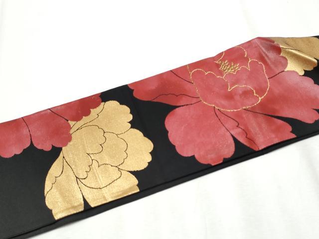 平和屋着物●つけ帯　牡丹　黒地　金銀糸　正絹　逸品　CABA4997hy