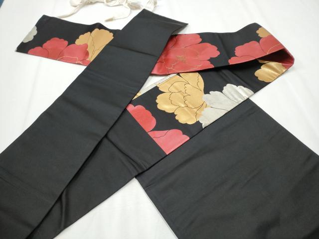 平和屋着物●つけ帯　牡丹　黒地　金銀糸　正絹　逸品　CABA4997hy