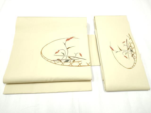 平和屋着物●塩瀬 つけ帯 駒刺繍 草花文 金彩 正絹 逸品 CABA5006hy