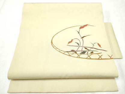 平和屋着物●塩瀬 つけ帯 駒刺繍 草花文 金彩 正絹 逸品 CABA5006hy