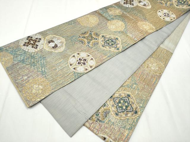 平和屋着物▽スリーシーズン 春夏秋 六通柄袋帯 櫛織り 花唐草丸文 金銀糸 正絹 逸品 CABA5045hy