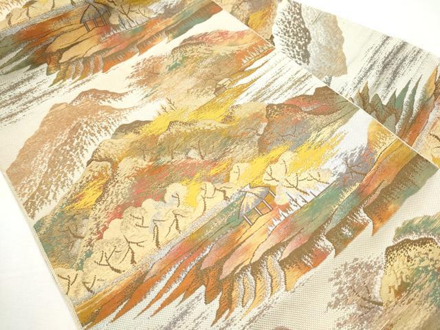 平和屋着物●本場筑前博多織　八寸名古屋帯　遠山風景文　金銀糸　正絹　逸品　CABA5073hy 平和屋着物○本場筑前博多織 八寸名古屋帯 遠山風景文 金銀糸