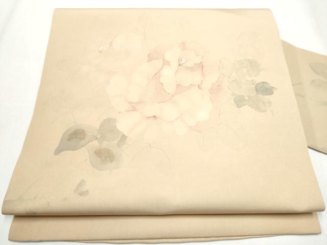 平和屋着物○塩瀬 九寸名古屋帯 作家物 手描き 草花文 金彩 正絹