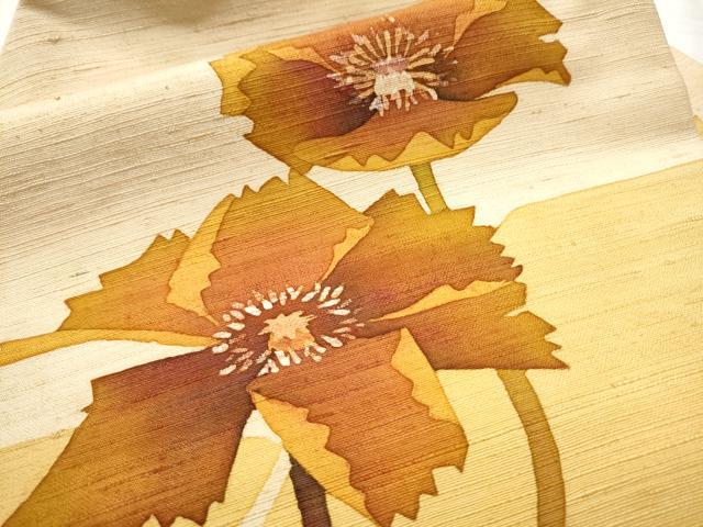 平和屋着物●九寸名古屋帯 作家物 紬地 ろうけつ染 枝花文 正絹 逸品 CABA5096hy