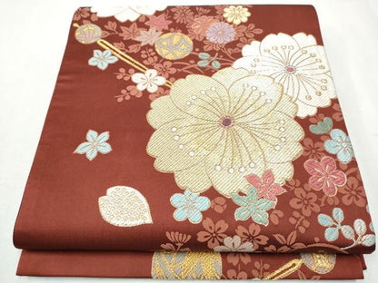 平和屋着物●両面　全通柄袋帯　唐織　簪　毬花文　金糸　正絹　逸品　CABA5133hy
