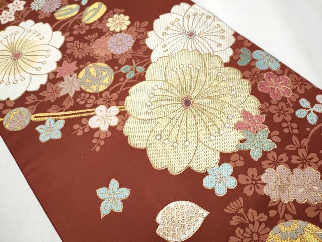 平和屋着物●両面　全通柄袋帯　唐織　簪　毬花文　金糸　正絹　逸品　CABA5133hy