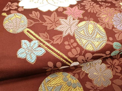 平和屋着物●両面　全通柄袋帯　唐織　簪　毬花文　金糸　正絹　逸品　CABA5133hy