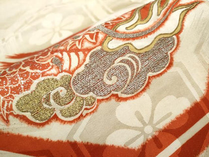 平和屋着物●アンティーク 大正ロマン 六通柄 京袋帯 刺繍 龍 金銀彩 正絹 逸品 CABA5145hy