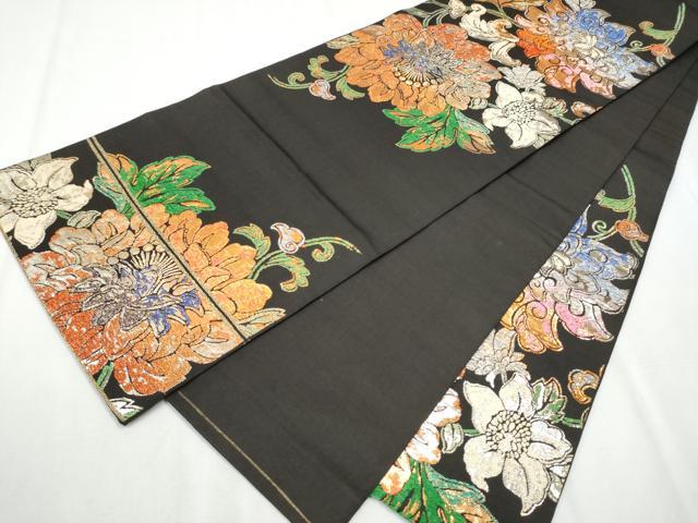 平和屋着物●龍村美術織物　龍村製　六通柄　本袋帯　大牡丹御金錦　黒地　金糸　正絹　逸品　CABA5170hy