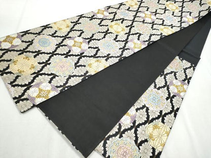 平和屋着物●六通柄袋帯　唐織　綴れ　花丸文　黒地　金糸　正絹　逸品　CABA5181hy