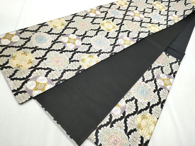 平和屋着物●六通柄袋帯　唐織　綴れ　花丸文　黒地　金糸　正絹　逸品　CABA5181hy